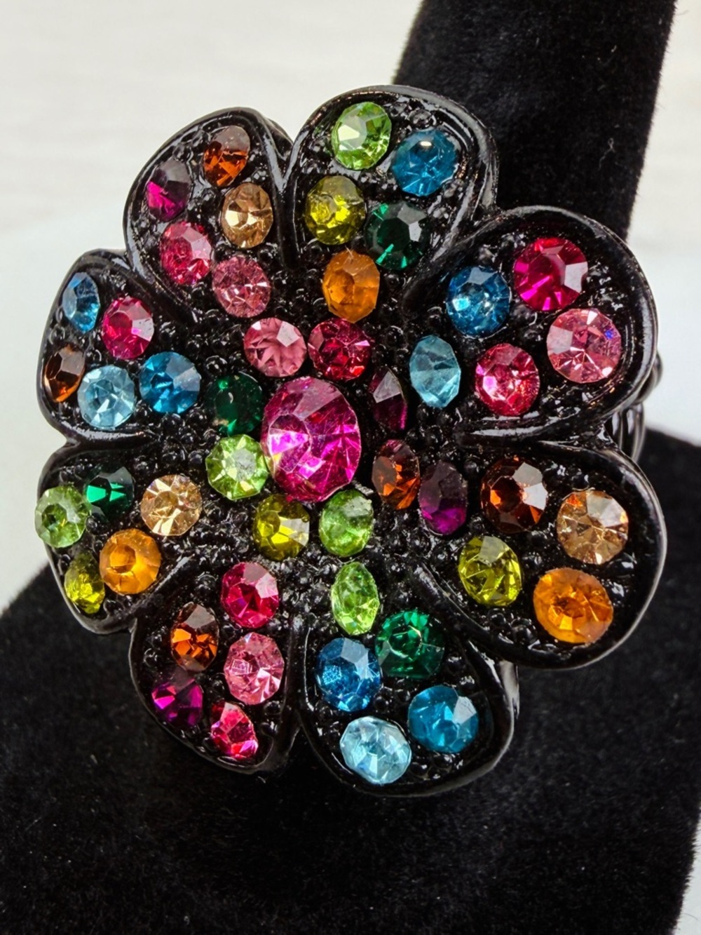 Multicolor Crystal black size 6 adjustable stretch Flower Statement Ring